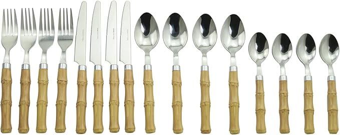 The Original Brink House Beyond Bamboo Stainless Steel Cutlery Set with Naturalistic Bamboo Handles / 16 pieces with Metal Stand, Lifestyle utensils set for home, first apartment, dorm, outdoor events
