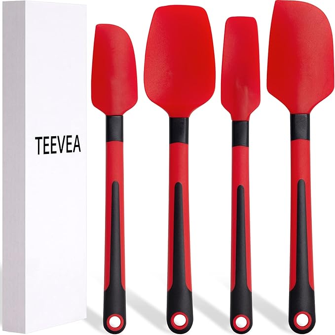 TEEVEA Silicone Spatula for Cooking Baking Mixing, Heat Resistant Non-Stick Dishwasher Safe BPA-Free Kitchen Utensils, Set of 4, Red and Black