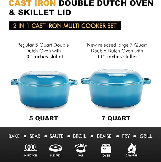 Bruntmor 2-in-1 Enamel Cast Iron Dutch Oven With Handles - Crock Pot Blue Cast Iron pot with Skillet lid - All-in-One Cookware Braising Pan for Casserole Dish - 7 Quart, Blue