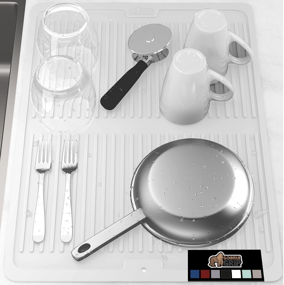 GORILLA GRIP 100% BPA-Free Patented Silicone Dish Drying Mat for Kitchen Counter, 18x24 Inch, Water Catching Ribbed Design, Easy Clean Waterproof Sink Liner, Heat Resistant, Fits Under Rack, White