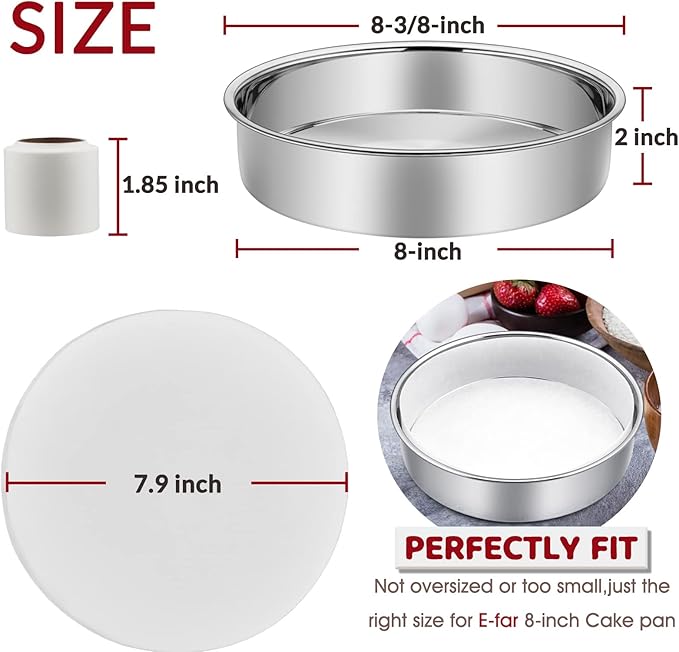 8 Inch Cake Pan Set of 3, E-Far Stainless Steel Round Layer Cake Baking Pans with Parchment Rounds & Side Liner Roll, Non-Toxic & Healthy Metal Cakes Tin, Straight Side & Dishwasher Safe