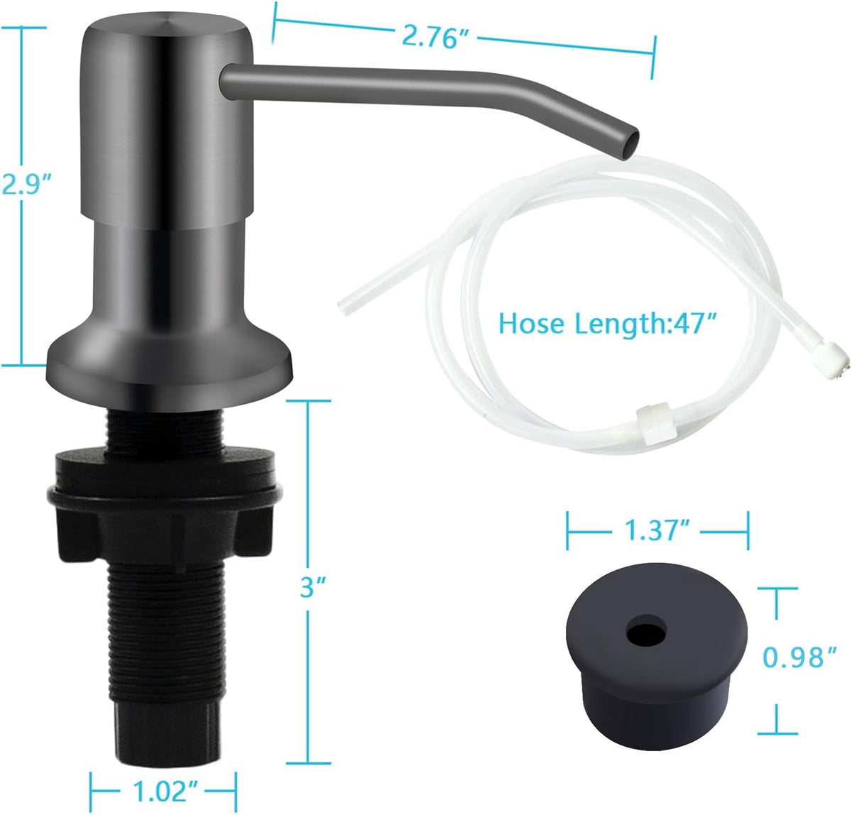 Kitchen Sink Soap Dispenser With 47" Extension Tube Kit, Under Sink Pump, No Need for Refills, Good Suction Power, Gray