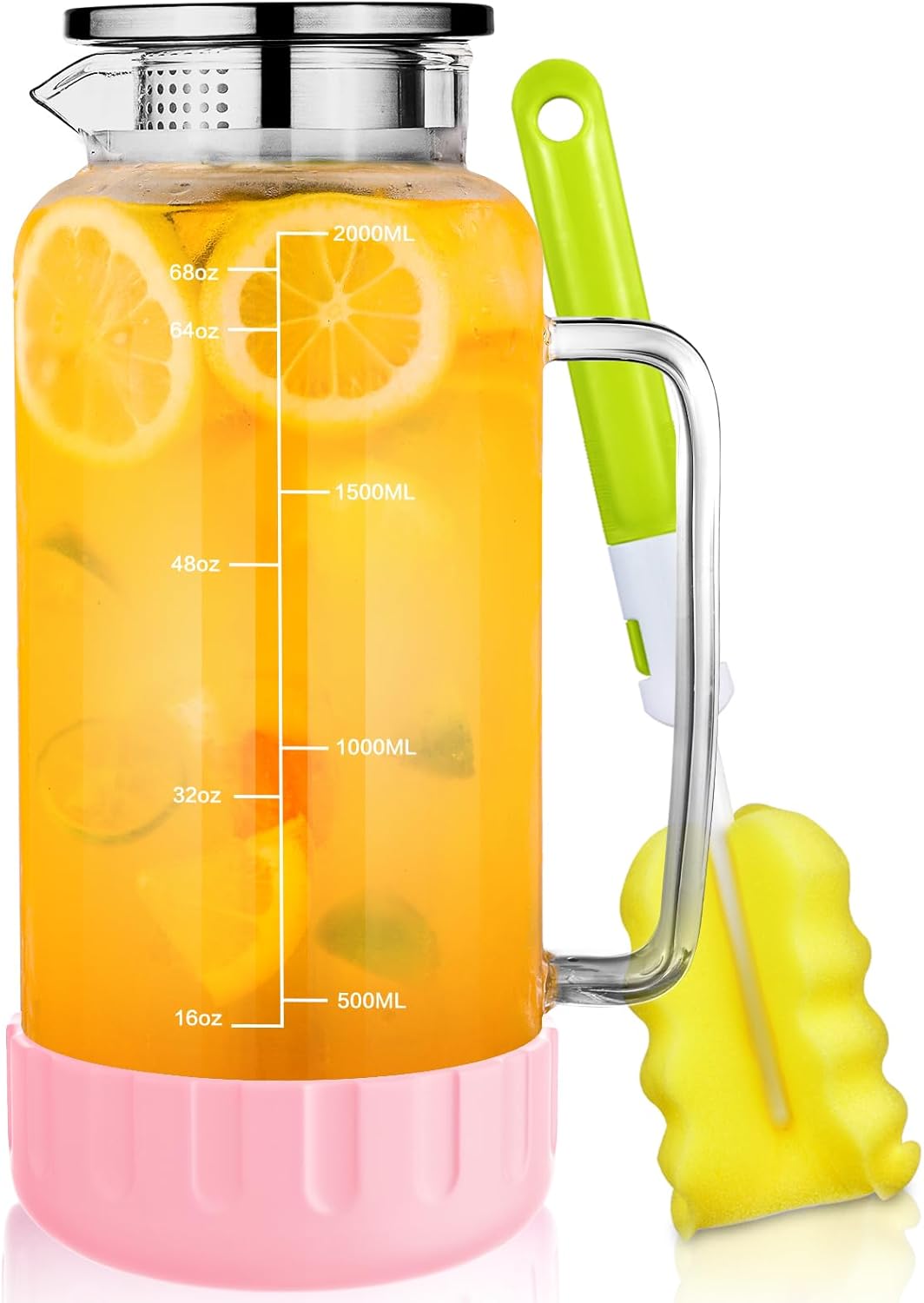 Aofmee 68oz Glass Pitcher with Lid, 2 Liter Water Carafe with Silicone Base and Precise Scale Line, Ice Tea Pitcher for Fridge, Anti-Slip Glass Jug for Sun Tea Juice Coffee Milk Beverage (Pink)