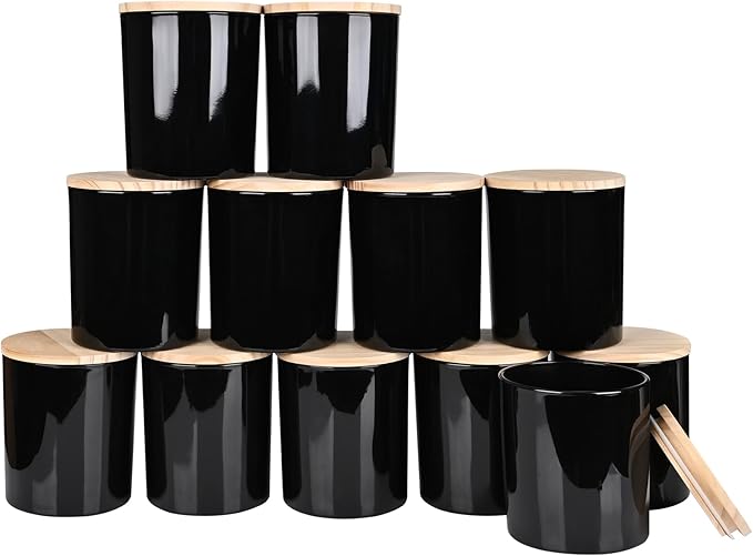 Thick Candle Jars for Making Candles 12 Pcs, 14 OZ Empty Jars with Wood Lids for Candle Making, Sample Container, Light Black