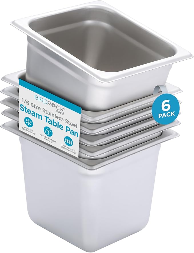 BIRDROCK HOME Stainless Steel Steam Table Pan - Hotel, Restaurant & Catering Supplies - 24 Gauge Steel, 2.6 qt Capacity - Meal Prep, Cooking, & Food Storage Container - 6" Depth, 1/6-Size (6 Pack)