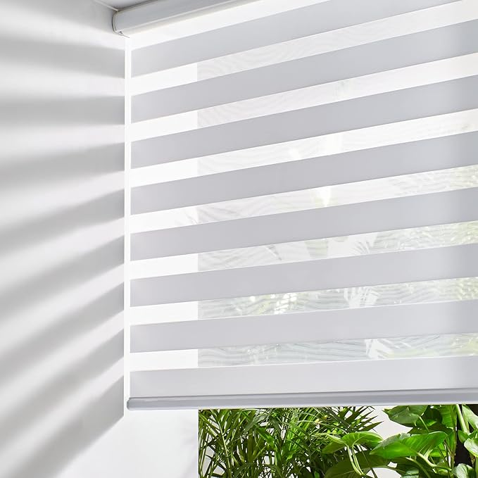 Persilux Cordless Zebra Blinds for Windows (58" W X 64" H, White) Free-Stop Roller Windows Shades Dual Layer Light Control for Day and Night, Light Filtering Sheer Shades for Home, Easy to Install