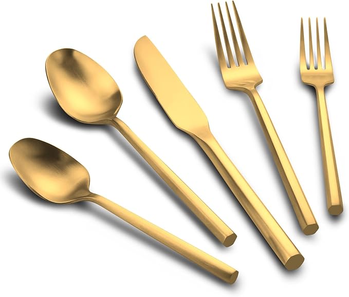 20-Piece Matte Gold Silverware Set, Hand Forged Utensil, Stainless Steel Flatware Set, Hexagon Handle Cutlery Set for Home Hotel Use, Service for 4