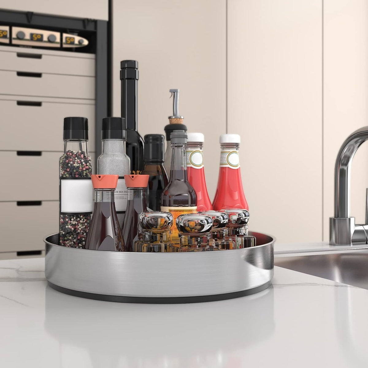 VAEHOLD Lazy Susan Turntable Spice Rack Organizer for Kitchen Cabinet, Storage Tray for Fruit, Snacks, Salad - Organizer for Cupboard, Pantry, Bathroom, Table, Cosmetic (Silver, 7 1/2‘’)