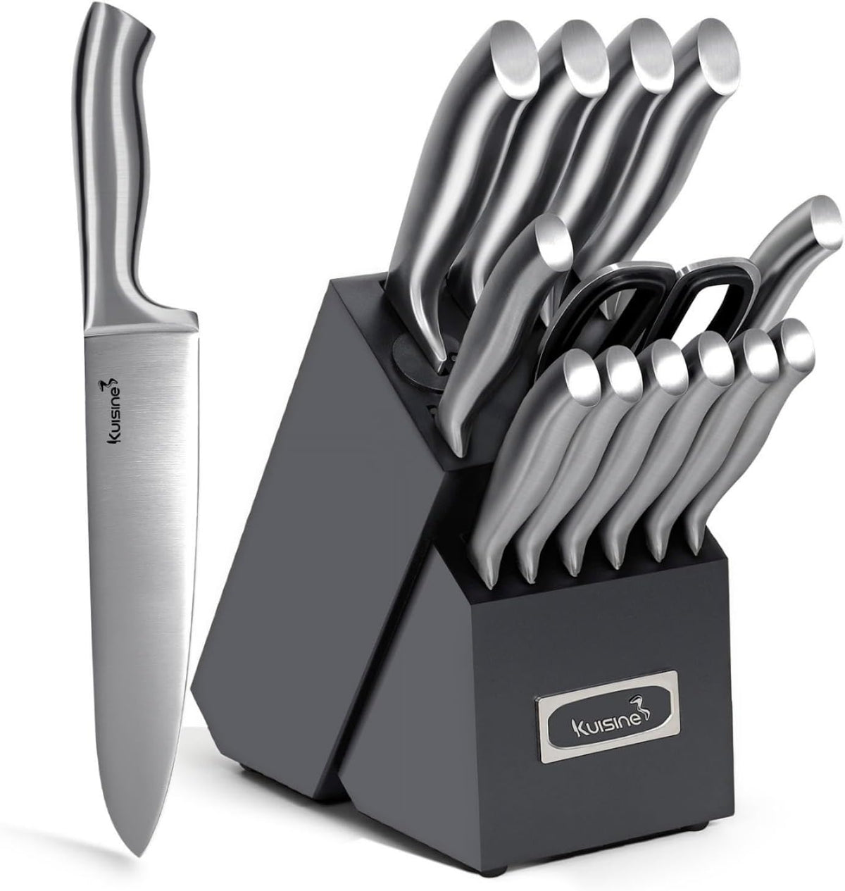 KUISINE Premium Chef Knife Set,High Carbon Stainless Steel Razor-sharp Blade Ergonomic Non-slip Steel Handle,Block Knife Set with Built-in Sharpener(Black Silver,15PCS)