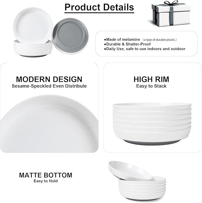 Webbylee 8.25" Melamine Pasta Bowls Set of 6-28oz Melamine Large Salad Bows，Durable Serving Bowls for Cereal, Fruit, Soup，Deep Enough for Kitchen and Dining White/Grey