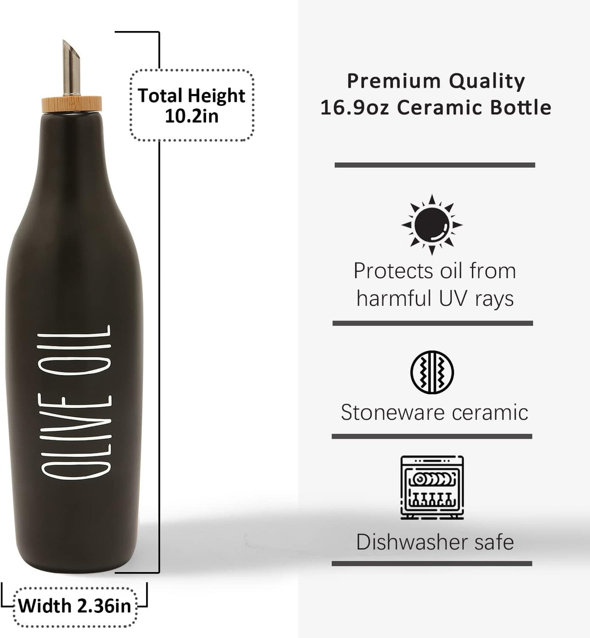HOMCDALY Ceramic Olive Oil Dispenser for Kitchen, Stoneware 16oz Oil Cruet and Vinegar Bottles Dispenser, Kitchen Dispenser Bottle for EVOO Vinegar Syrups, Modern Farmhouse Design(B-O)