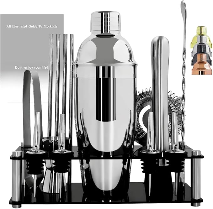 14-Piece Cocktail Shaker Set Bartender Kit with Black Stand, Bar Tool Set for Drink Mixing Bartending Kit Bar Sets Accessories: 750ml(25oz) Shaker, Jigger, Muddler, Cocktail Recipes (Silver)