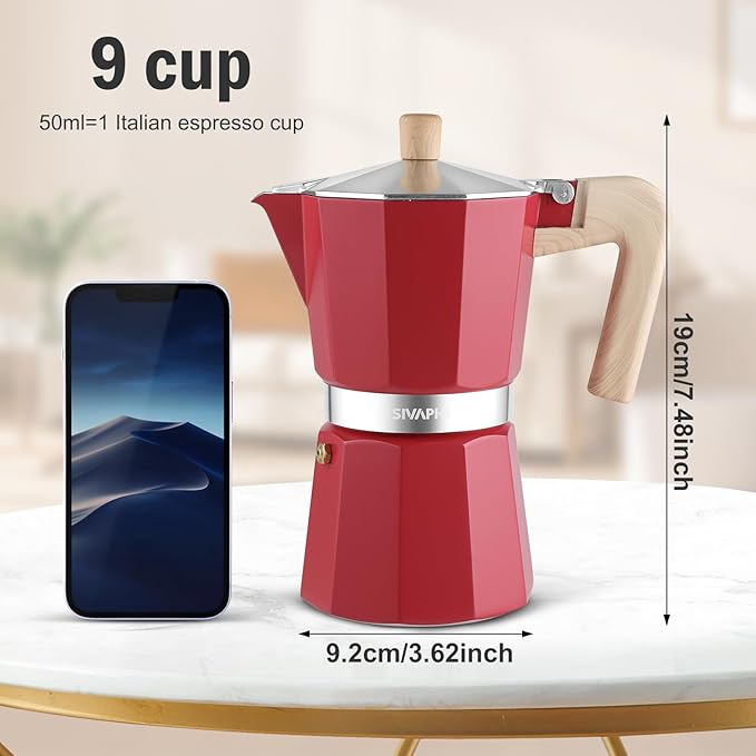 Sivaphe Aluminum Moka Pot 9 Espresso Cups, Percolator Espresso and Coffee Maker, Portable Stovetop Italian and Cuban Café Brewer for Home and Camping Red