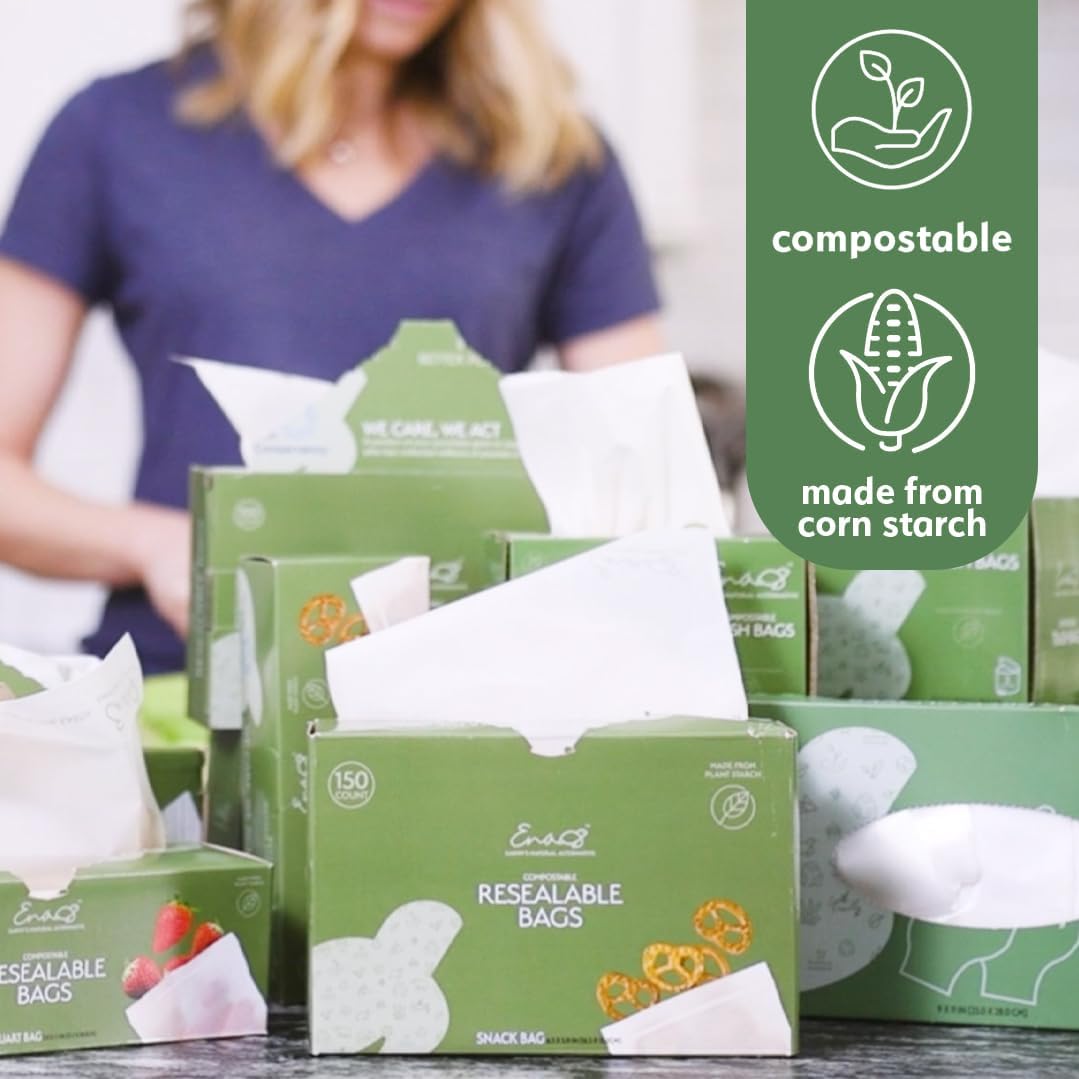 100% Compostable Food Storage Bags [Snack 150 Pack] Eco-Friendly Freezer Bags, Resealable Bags, Heavy-Duty, Reusable, Off-White by Earth's Natural Alternative