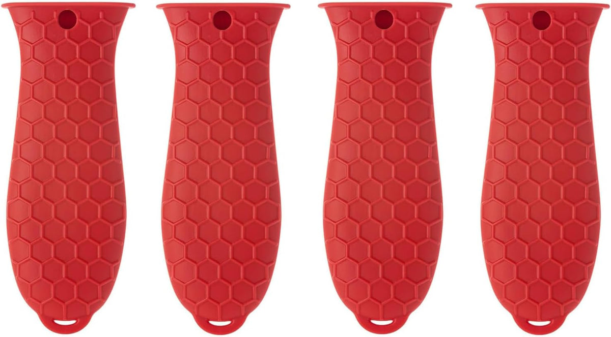 4 Pcs Silicone Hot Handle Holder, Non-Slip Potholder for Cast Iron Skillets, Rubber Pot Handle Sleeve Heat Resistant for Frying Pans & Griddles Sleeve Grip Handle Cover,Metal cookware Handles, Red