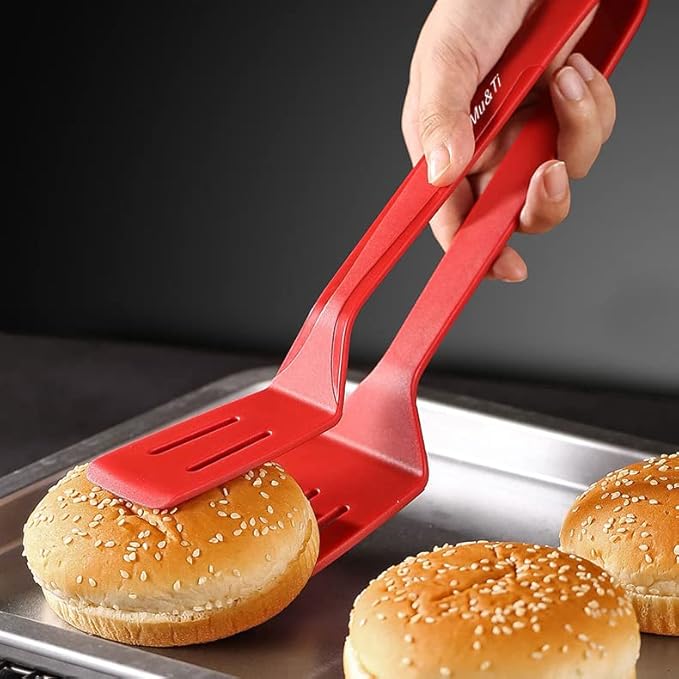 Mu&Ti Silicone Kitchen Tongs 2-in-1 11 In Premium Stainless Steel Barbecue Clamp Multipurpose BBQ Clamp Spatula for Gripper Bread Clip/Fried Steak Clamp/Flipping Fish/Beefsteak Flipper Two Set(Red)