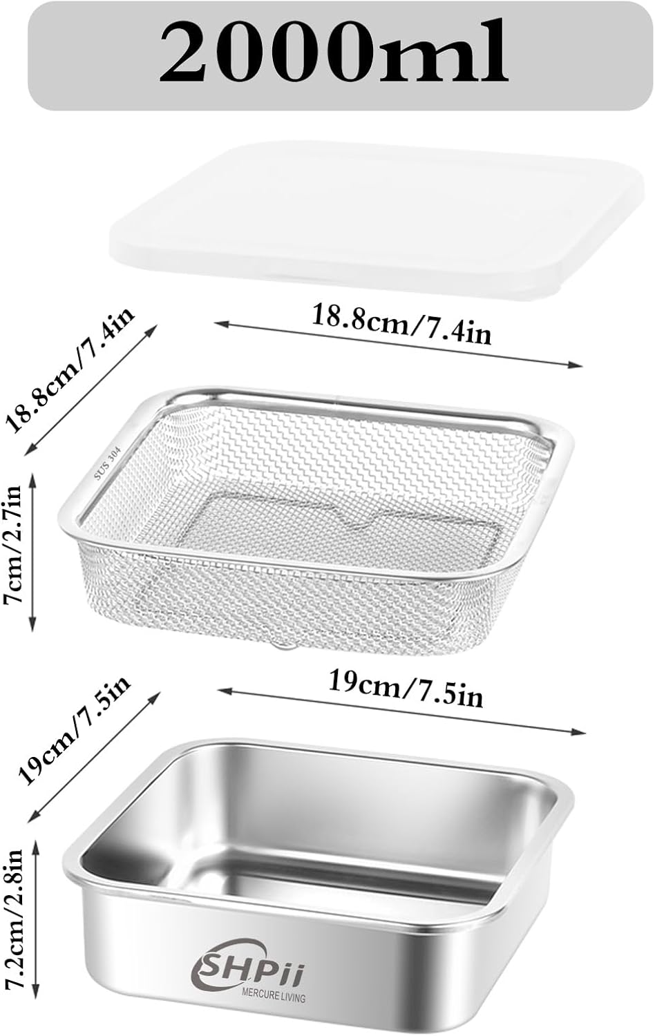 Square Colander Set, 304 Stainless Steel with PE Lid, Storage Container, Tofu Drainer, Back of House Preparation, Washing and Drainage Tools, Refrigerator Storage, Picnic Party (2000ML)
