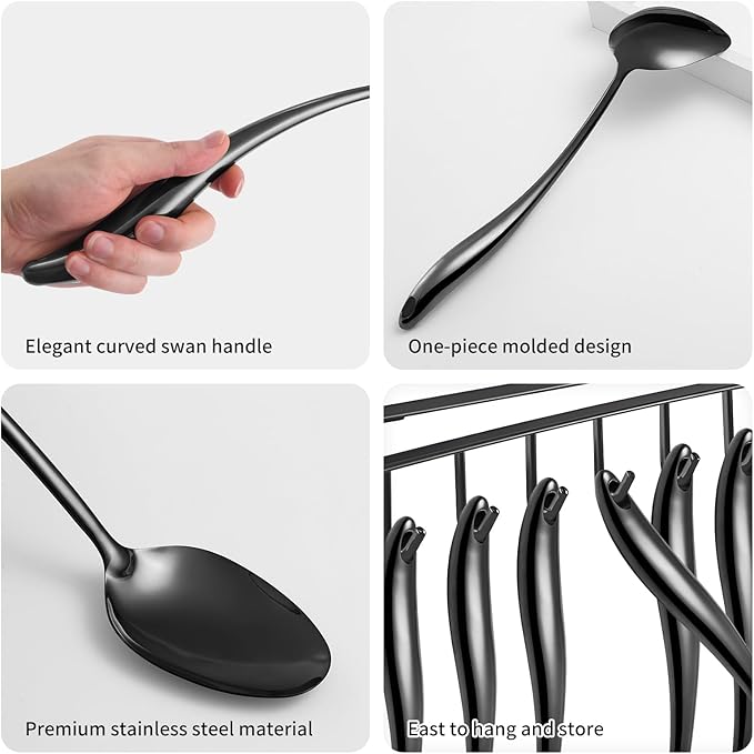 304 Stainlss Steel Matte Kitchen Utensils Set, 11 Pcs Long Metal Cooking Utensil Gadgets Tools Set with Spatula, Ladle, Spoon, Skimmer, Turner, Pasta Server, Tongs(Black, Dishwasher Safe)