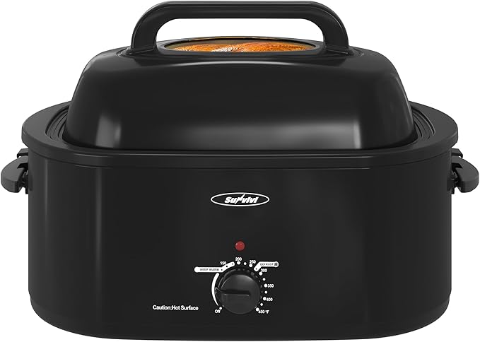 Sunvivi Roaster Oven, Electric Roaster Oven with Viewing Lid, 30lb 26-Quart Turkey Roaster with Unique Defrost/Warm Function, Large Roaster with Removable Pan & Rack, Stainless Steel, Black