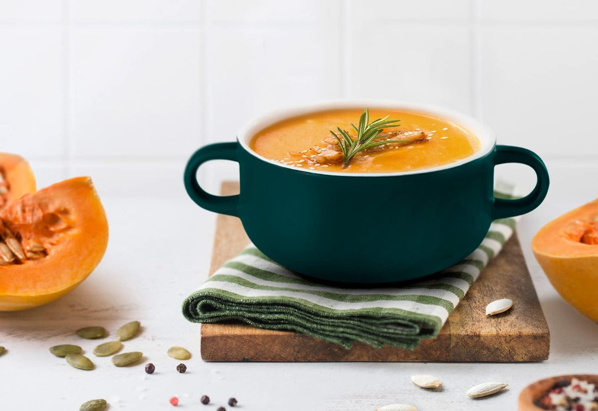 Kook Soup Crocks, Ceramic Bowls, Broil, Oven, Microwave and Dishwasher Safe, with Handles, For Casserole, Pasta, Cereal, 18 oz, Set of 4 (Hunter Green)