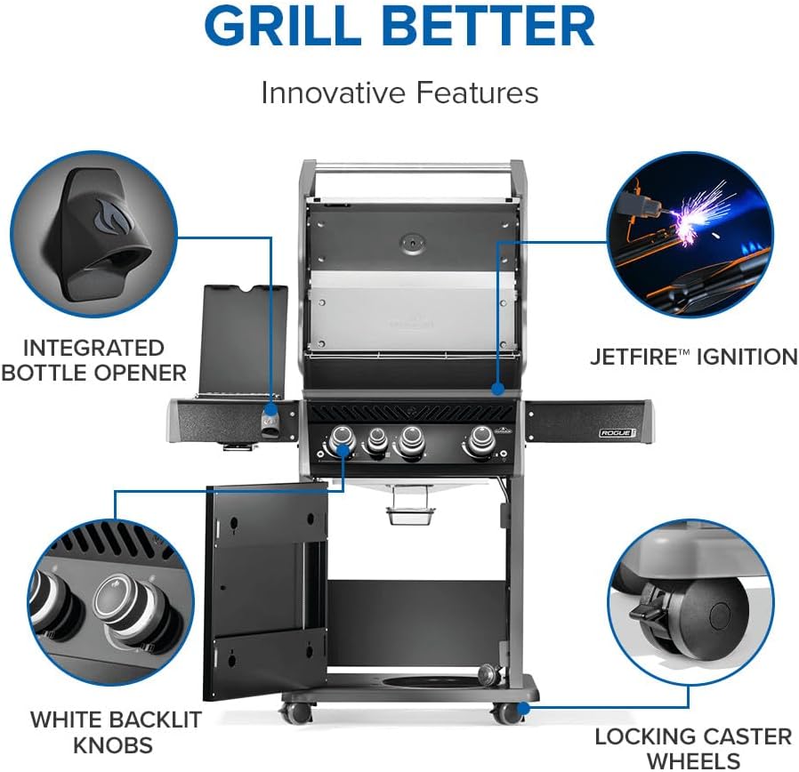 Napoleon Rogue PRO 425 Propane Gas Grill with Infrared Side Burner, Black, Durable 4-Burner Backyard Grill