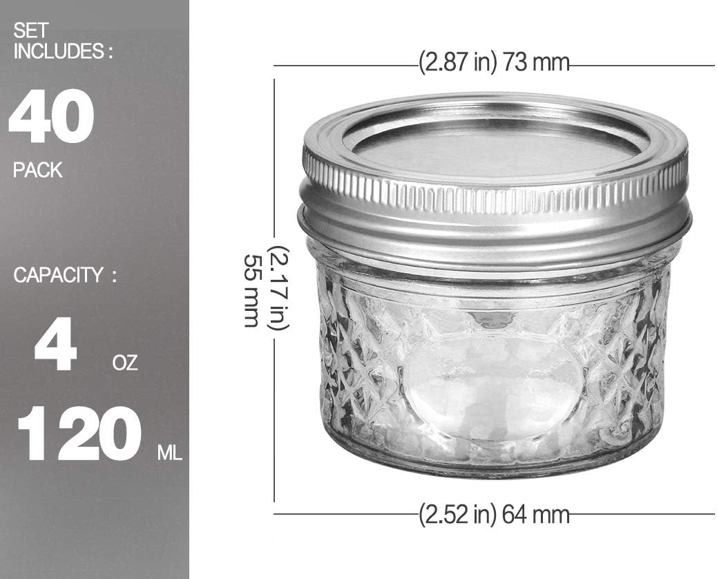 VERONES Mason Jars 4 OZ, Canning Jars With Regular Lids, Ideal for Jam, Honey, Wedding Favors, Shower Favors, DIY Spice Jars, 40 PACK