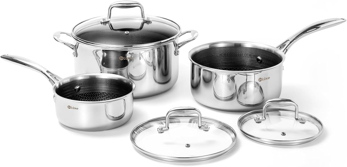 DELUXE Hybrid Ceramic Nonstick 6 PCS Pot Set, 1.3, 3&5.4-Quart Pot with Tempered Glass Lid, Stainless Steel Cookware Pots with Stay-Cool Handle, Dishwasher Safe, Compatible with All Cooktops