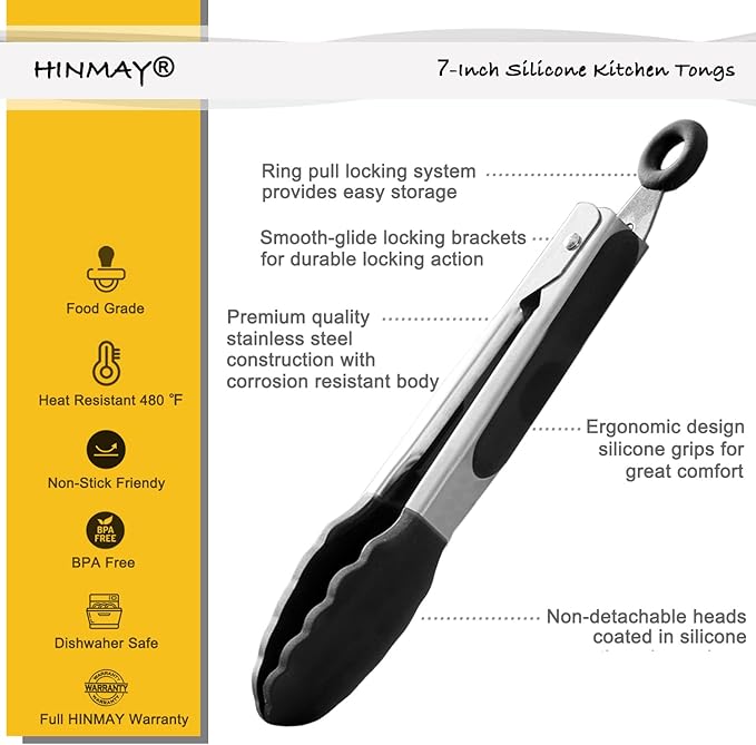 Mini Tongs with Silicone Tips 7-Inch Kitchen Tongs, Set of 3 (Black)