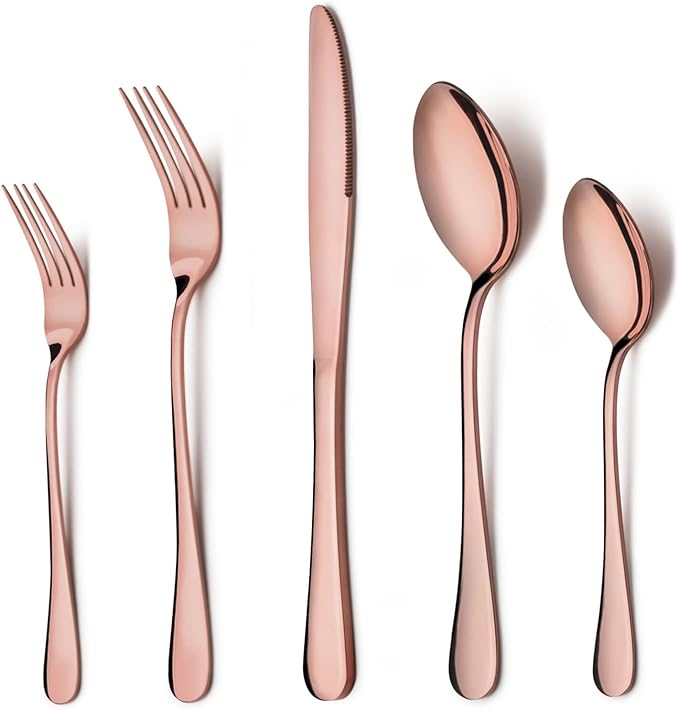 LIANYU 10-Piece Copper Silverware Flatware Set for 2, Stainless Steel Cutlery Set with Knives Spoons Forks, Eating Utensils for Wedding Festival Party, Mirror Finished, Dishwasher Safe
