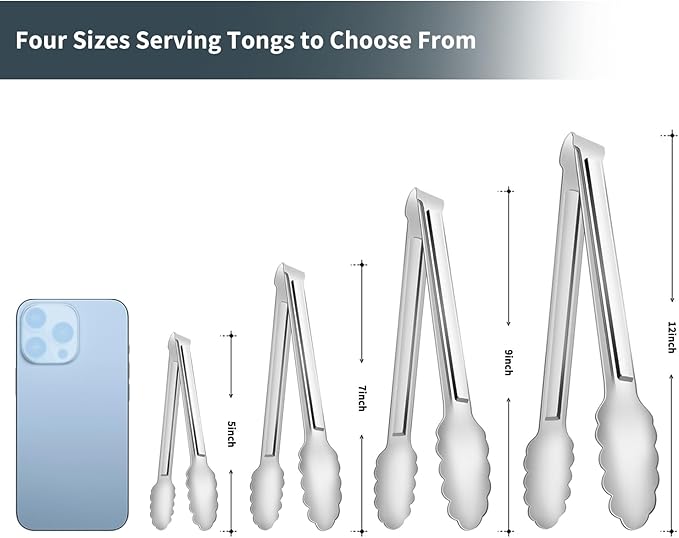 4 Pack Serving Tongs for Buffet,Metal Kitchen Tongs,Stainless Steel Food Tongs, Small Tongs for serving, Silver (7IN)