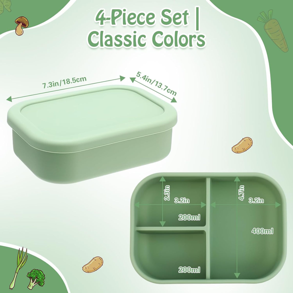 Honeydak 4 Pcs Silicone Bento Lunch Box 3 Compartment Reusable Leakproof Silicone Bento Lunch Container for Adults Microwave Dishwasher Freezer Safe(Olive Green)