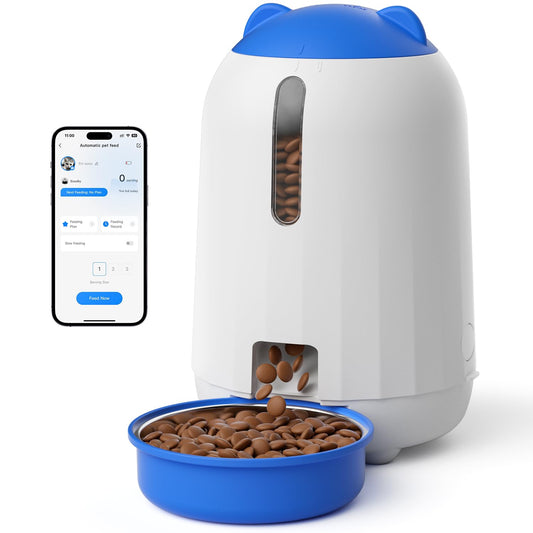 PAPIFEED Automatic Cat Feeder with App, 2.4G WiFi Cat Food Dispenser, 3L Timed Cat Feeders for Dry Food, 10 Meals/Day, 6 Portions/Meal, Dual Power Supply Smart Pet Feeder for Cat, Blue