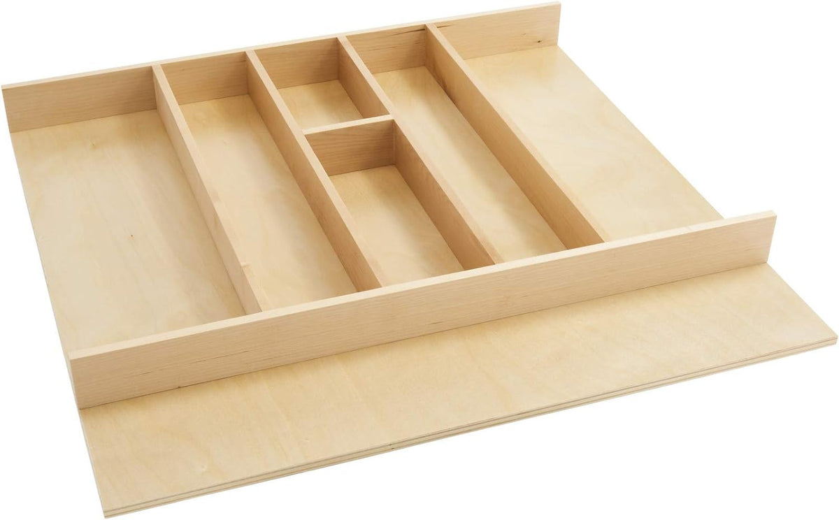 Rev-A-Shelf Trim-to-Fit Shallow Drawer Organizer for Kitchen Utensils, Cutlery Cabinet Storage Divider Insert, 23.98 x 21.97 in, Maple Wood, 4WUT-3SH