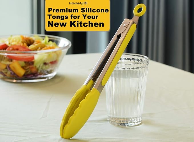 Silicone Tipped Tongs 9-Inch Kitchen Cooking Tongs, Set of 3 (Yellow)