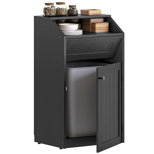 YATINEY Trash Cabinet, Freestanding Trash Can Cabinet, Wooden Recycling with Flip Door, 10 Gallon Hidden Kitchen Garbage Can for Kitchen, Living Room, Black WB01BB