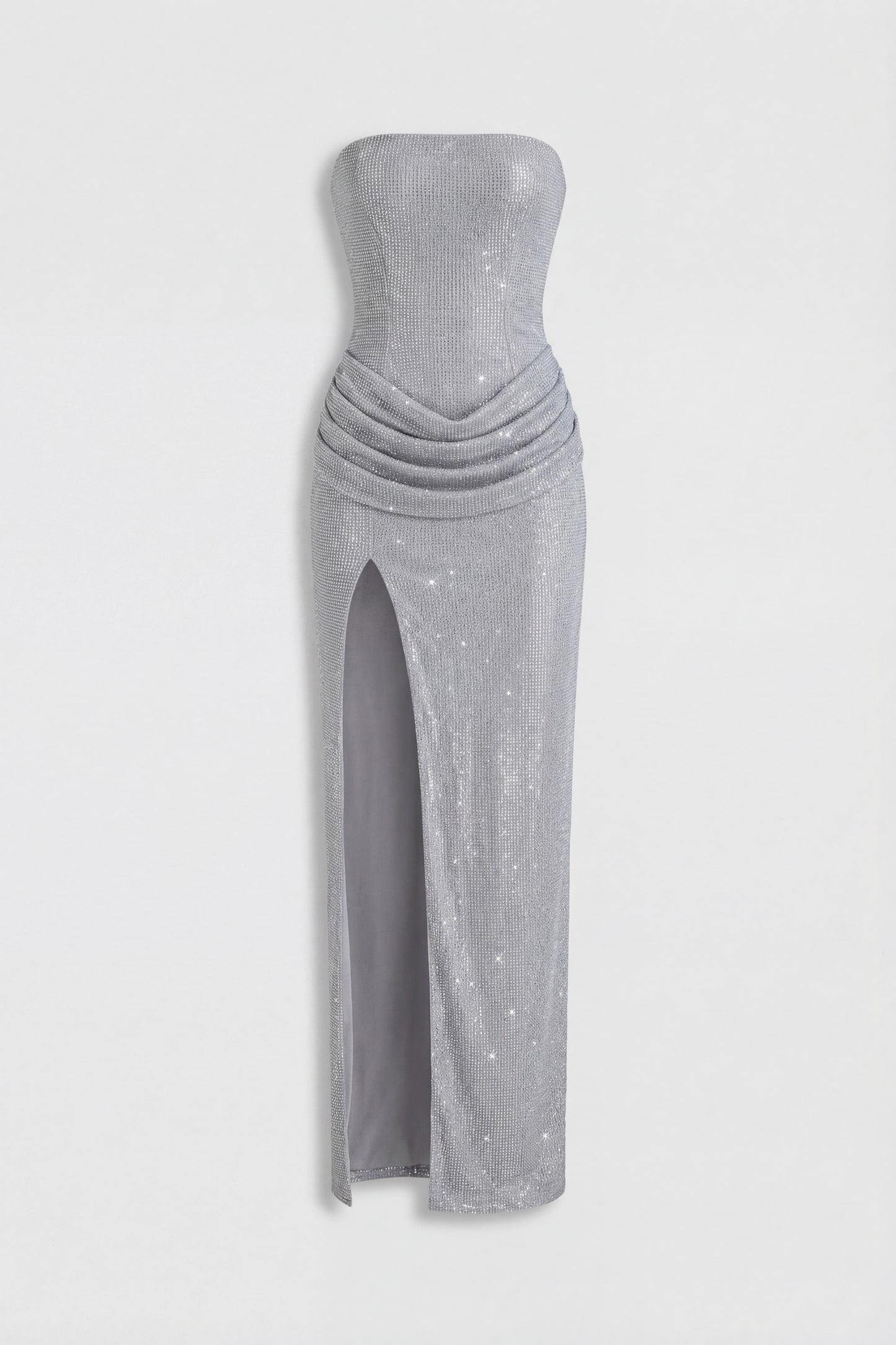 Embellished Bandeau Cowl-Waist Maxi Dress in Silver