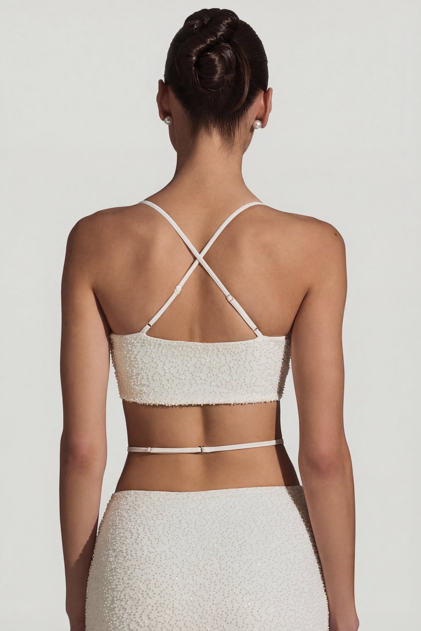 Embellished Cross Back Crop Top in White