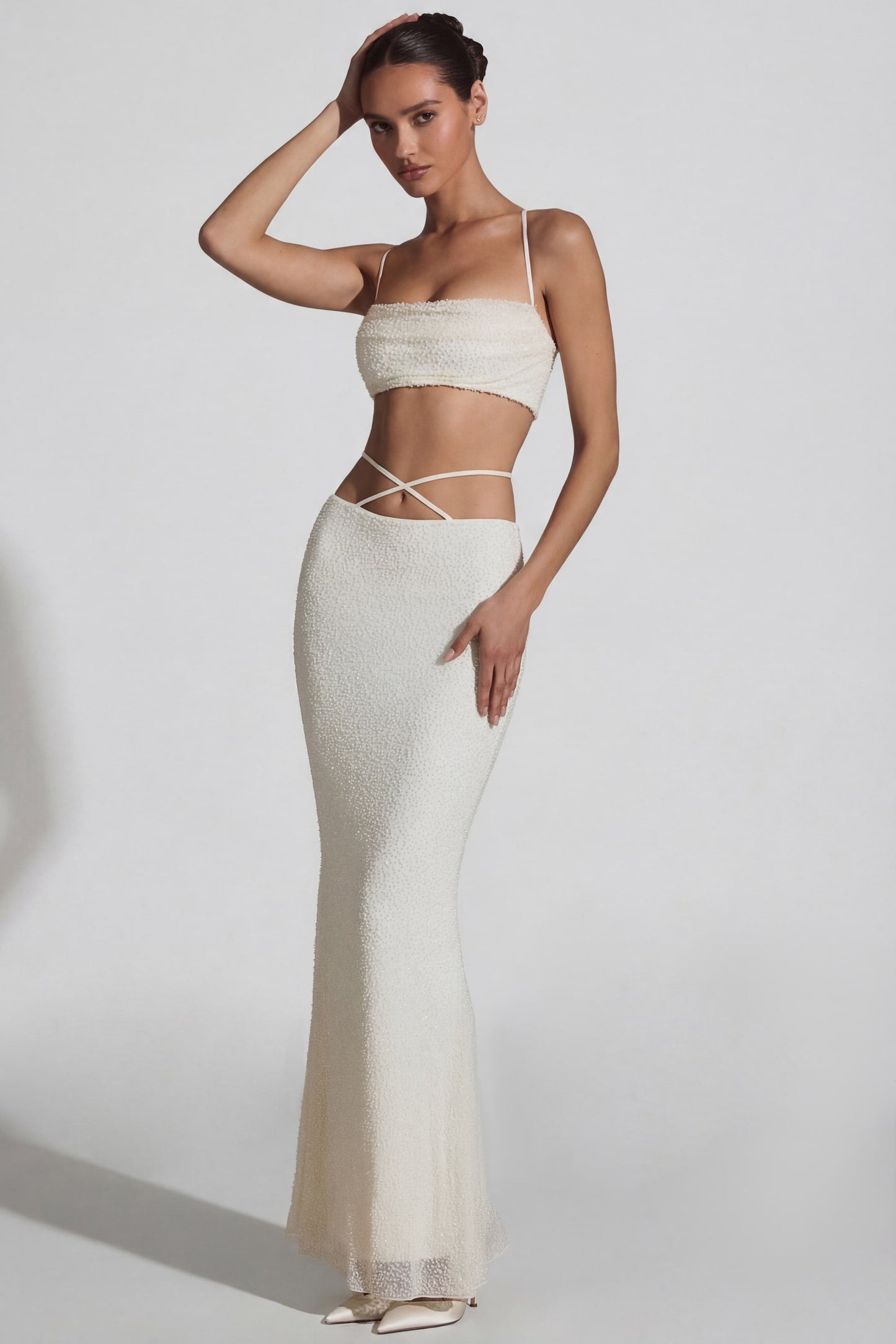 Embellished Cross Back Crop Top in White