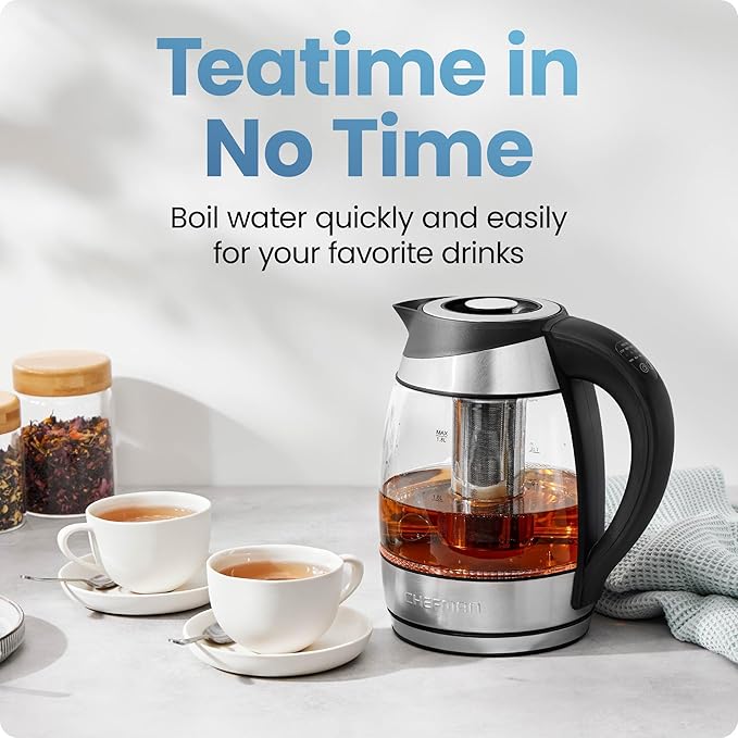 Chefman Electric Kettle with Temperature Control, 5 Presets LED Indicator Lights, Removable Tea Infuser, Glass Tea Kettle & Hot Water Boiler, 360° Swivel Base, BPA Free, Stainless Steel, 1.8 Liters