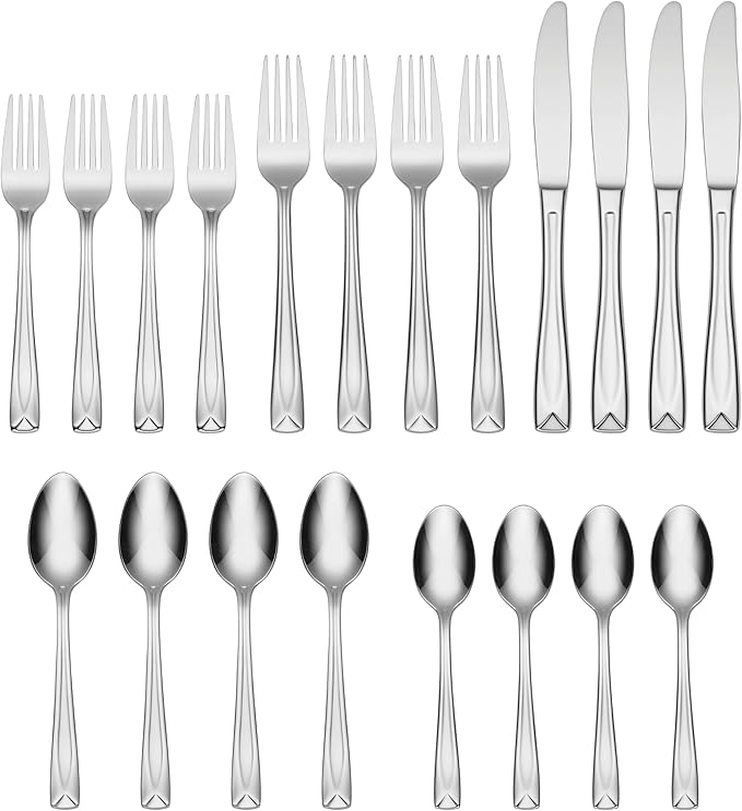Oneida Lincoln 20 Piece Everyday Flatware, Service for 4, 18/0 Stainless Steel, Silverware Set, Dishwasher Safe, Silver (Pack of 3)