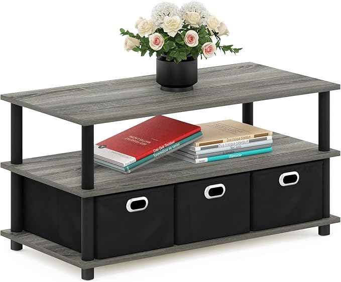 FURINNO Turn-N-Tube Coffee Table, 31.22D x 15.5W x 15.8H in, French Oak Grey/Black/Black
