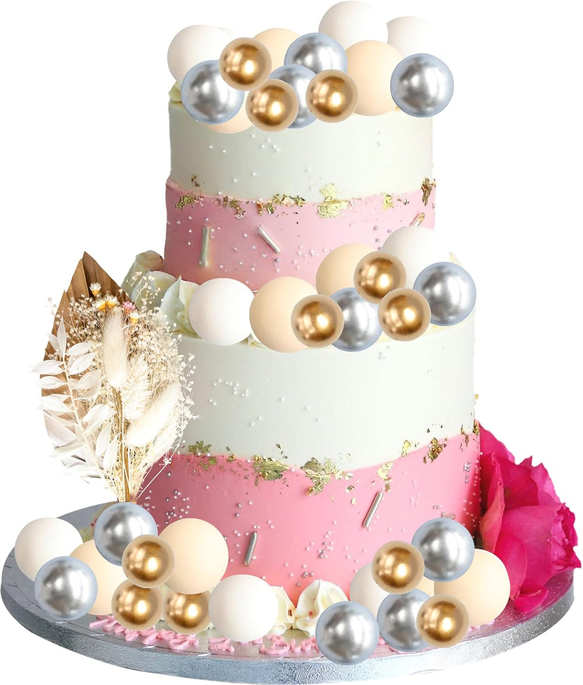 Gyufise 21 Pack Flower Boho Cake Topper Ball Cake Decorations Palm Leaves Plants Cake Decor for Girl Bohemian Princess Theme Wedding Baby Shower Birthday Party Supplies Gold White Khaki