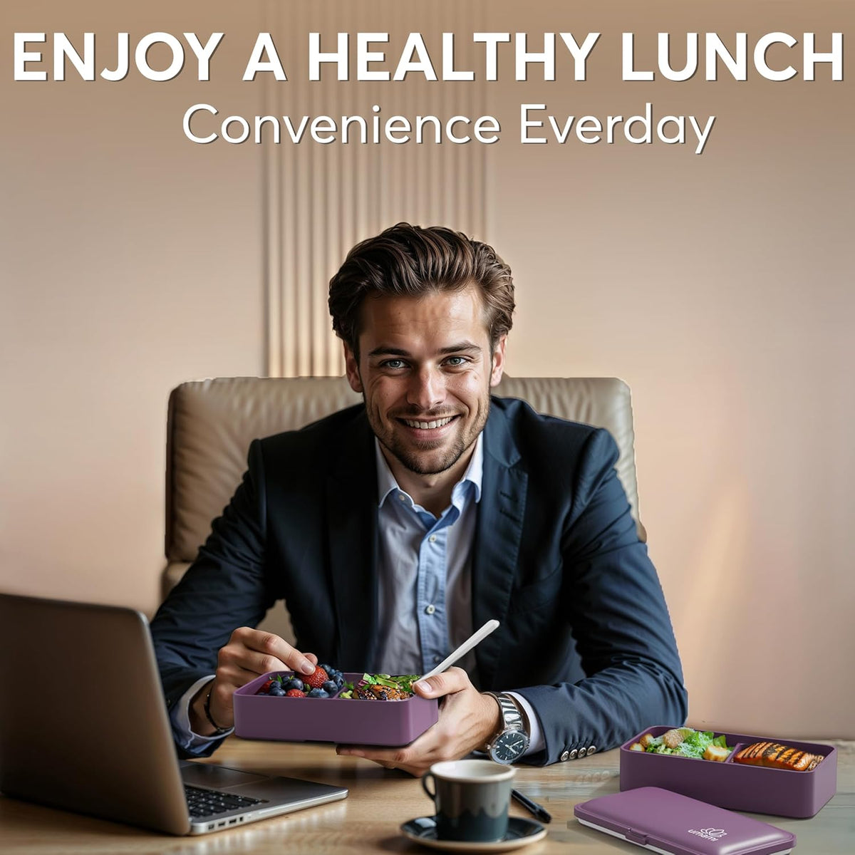 Umami Bento Box Adult All-In-1 w/4 Utensils, 2 Sauce Jars, 2 Dividers, 100% Leakproof, Microwave & Dishwasher Safe, Stackable Bento Lunch Box Containers for Men/Women, Royal Purple, 40 oz