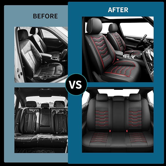 Fit Leaf Car Seat Covers Compatible with Nissan Leaf 2012-2025 2026 - Full Set Premium Leather， Waterproof Breathable， All-Weather Seat Cushion Protecto&Airbag Compatible（Red Line Black
