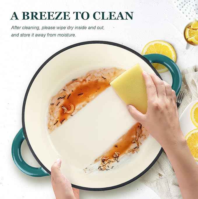 Overmont Enameled Cast Iron Dutch Oven - 7QT Pot with Lid Cookbook & Cotton Potholders - Heavy-Duty Cookware for Braising, Stews, Roasting, Bread Baking bottle green