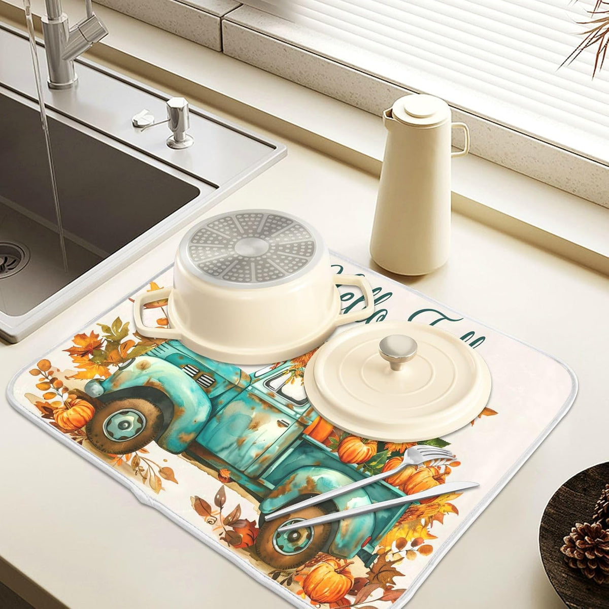 Vintage Fall Truck with Pumpkins Autumn Leaves Dish Drying Mat for Kitchen Counter Absorbent Microfiber Large Drying Pad Dish Mats for Kitchen Countertops 18 x 24 Inch