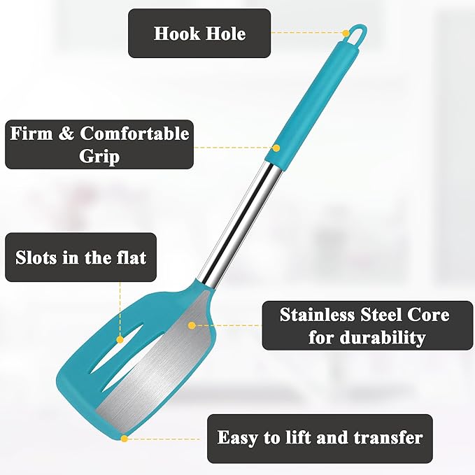 Silicone Spatula Spoon Set, 4 PCS Silicone Cooking Utensils Spatula Spoon Set with Stainless Steel Handle, BPA Free Kitchen Turners for Frying, Mixing, Serving, Draining, Turning, Stirring, Blue