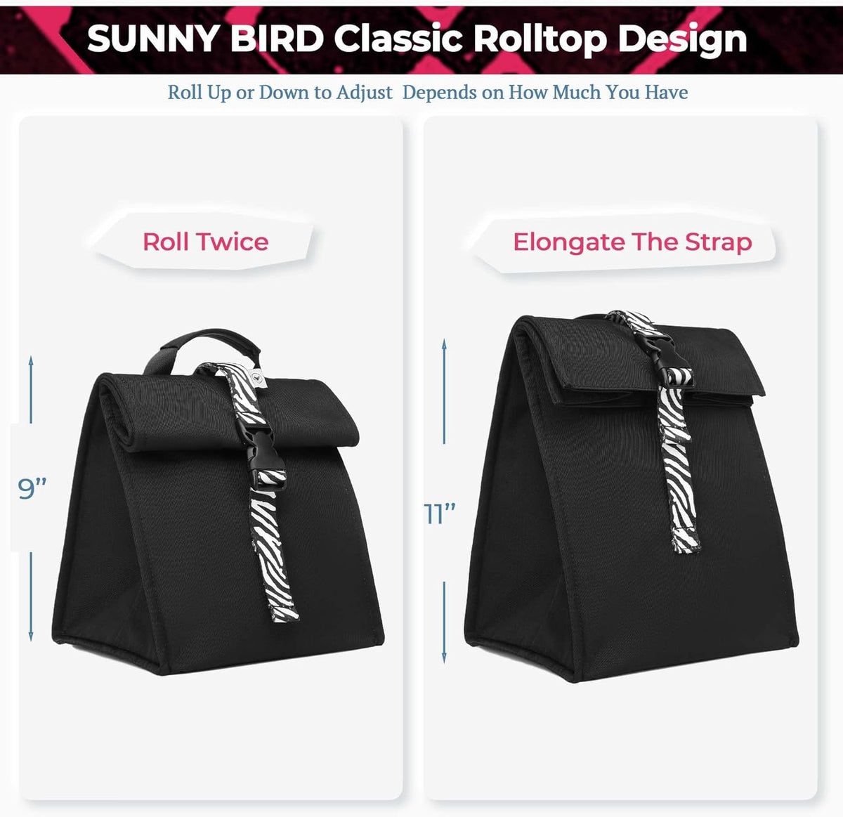 SUNNY BIRD Insulated Lunch Bag Rolltop Lunch Box Tote Bag for Women, Men, Adults and Teens (Black with white strap)