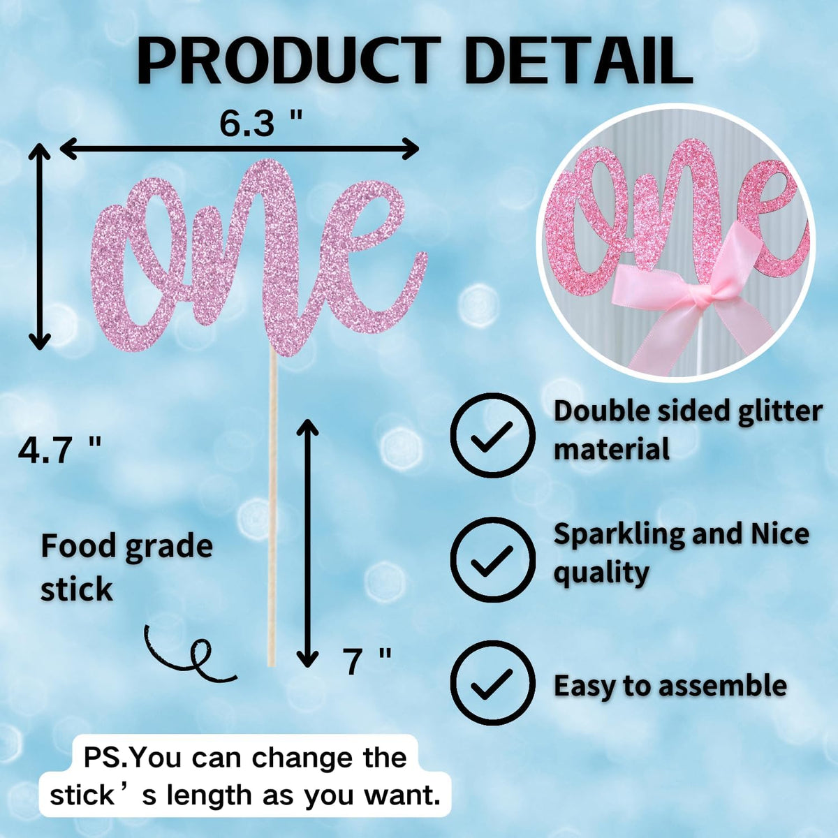 ALISSAR 1st Birthday Cake Topper with 8 Pink Bows – First Birthday Cake Decorations for Girls, Pink Bow, One Cake Topper for 1st Birthday Party