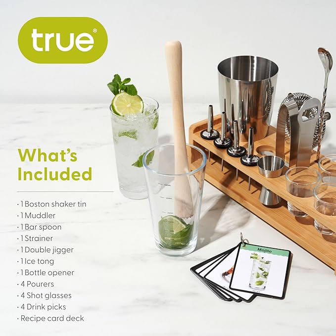 True 20-Piece Cocktail Shaker Bar Set with Wooden Stand Includes Boston Shaker, Mixing Glass, Muddler, Jigger, Strainer, Bartender Kit for Mixed Drinks, Cold Brew Cocktails, Home Bar Tools